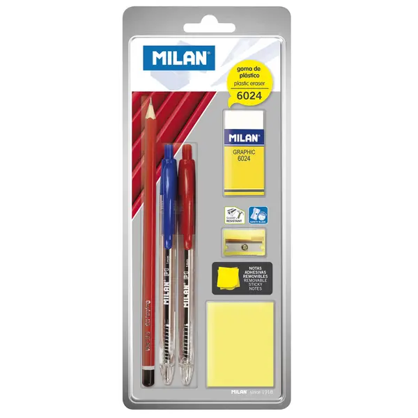 209390-EC Set MILAN gumica 6024+šiljilo+post it+ol.graf+ol.kem na blisteru P25
