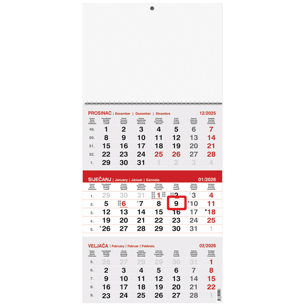 242415-EC Kalendar trodjelni 1-list sivo-crveni 12L 29,5x42+20, P50 OG** 2025