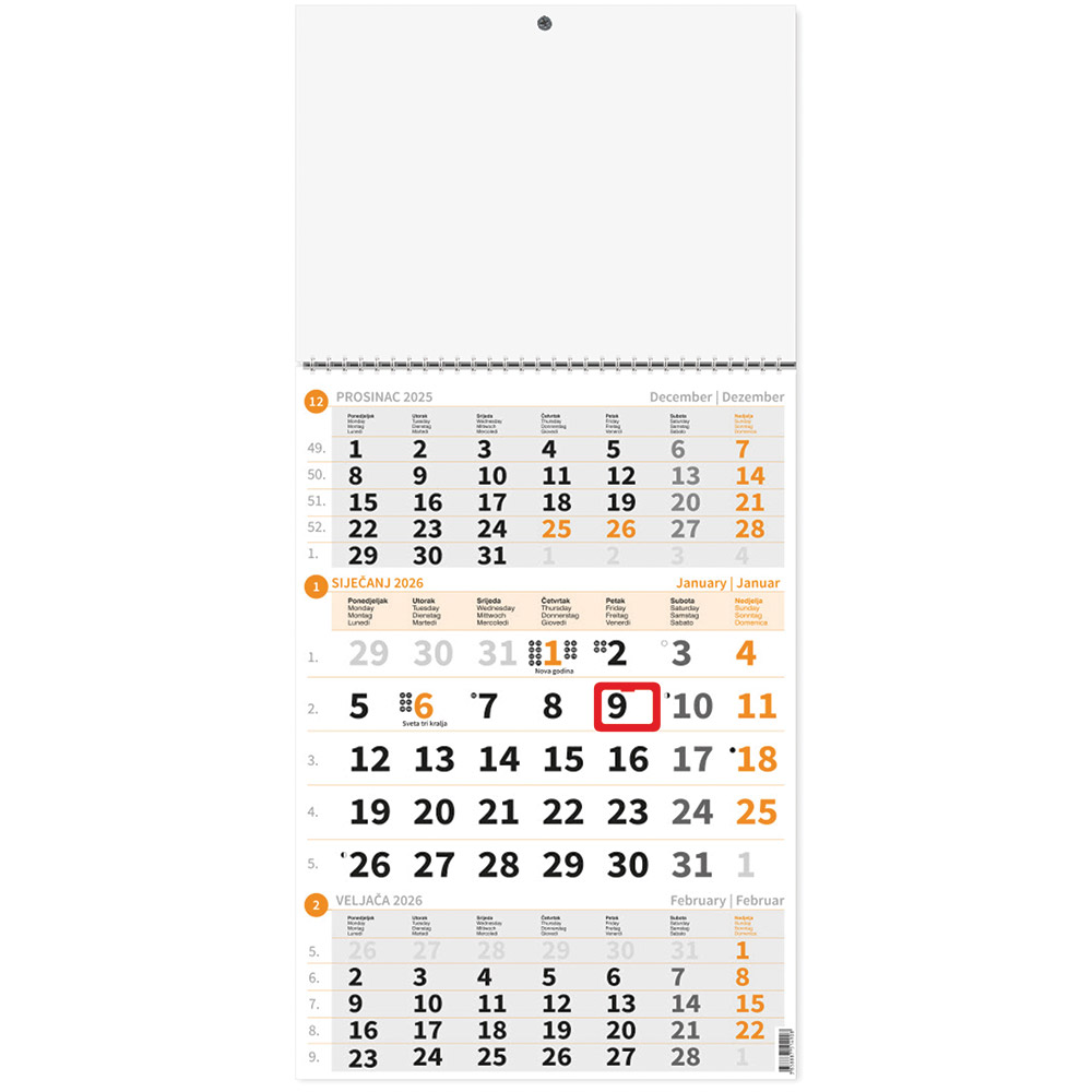 242416-EC Kalendar trodjelni 1-list narančasti 12L EU 29,5x42+20, P50 OG 2026