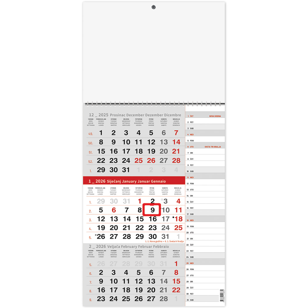 242419-EC Kalendar trodjelni planer 1-list crveni 12L 29,5x42+20, P50 OG** 2026