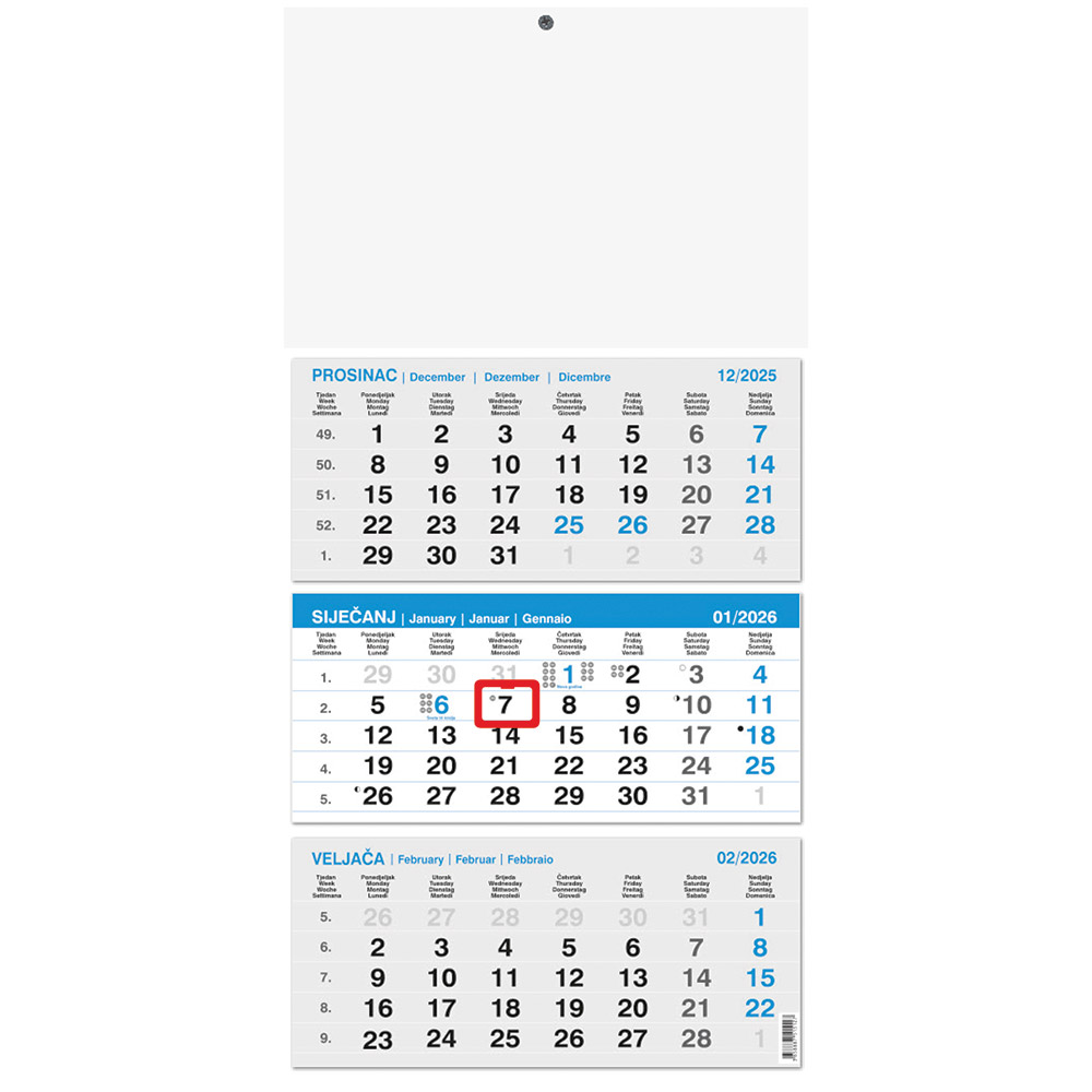 242422-EC Kalendar trodjelni 3-lista plavi 12L, ljepljen 29,5x42+20, P50 OG 2026