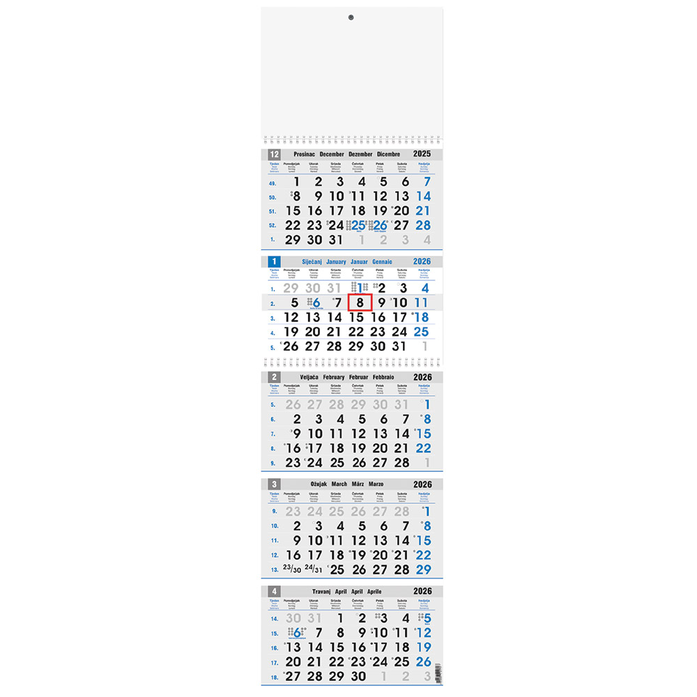 242423-EC Kalendar 5-djelni plavo-sivi 12L, EU 27,5x82+20, spirala P25 OG 2026