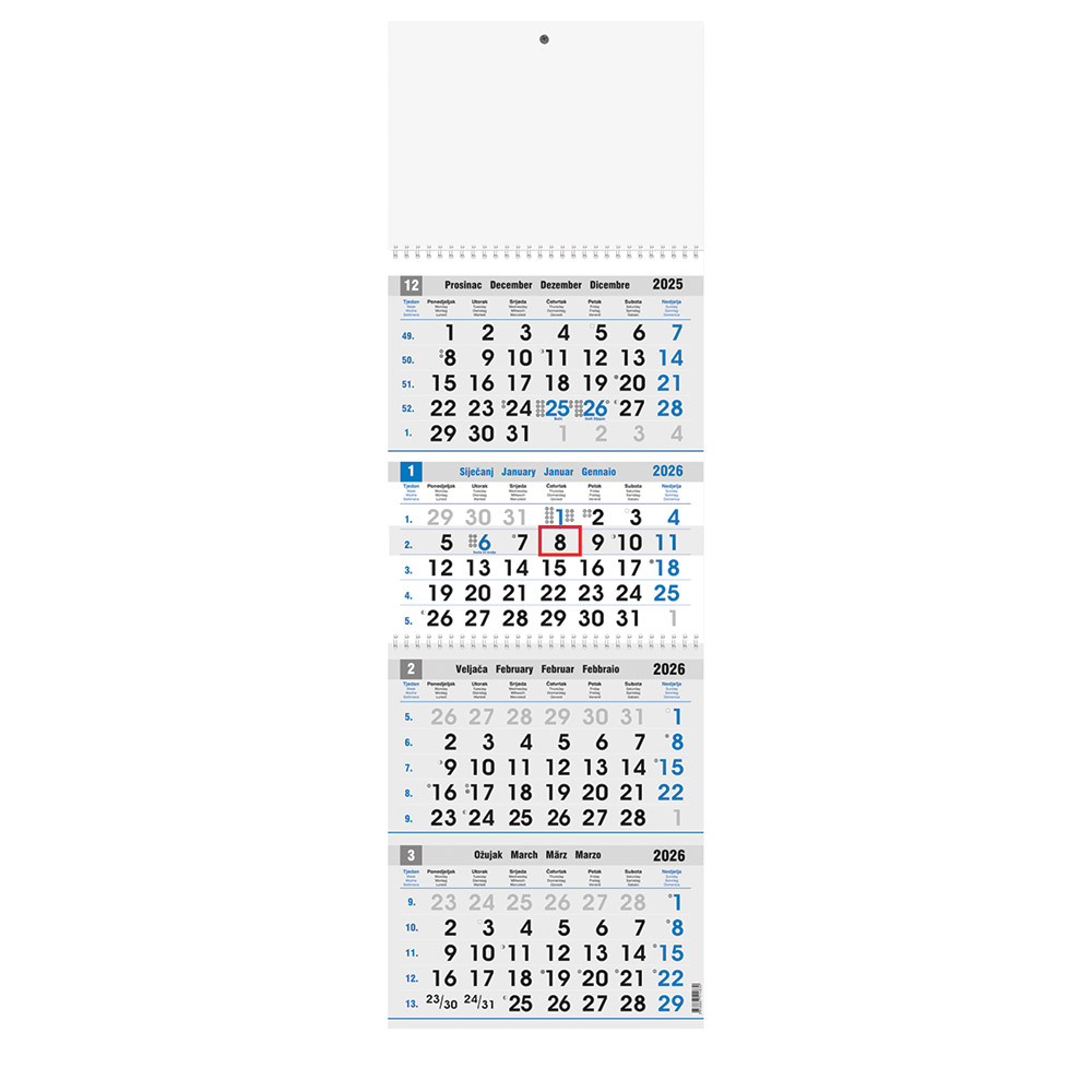 242424-EC Kalendar 4-djelni plavo-sivi 12L, EU 27,5x66,5+20, spirala P25 OG 2026