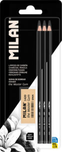 248859-EC Ugljen za crtanje u olovci MILAN 3kom + gumica The Master Gum bls P25