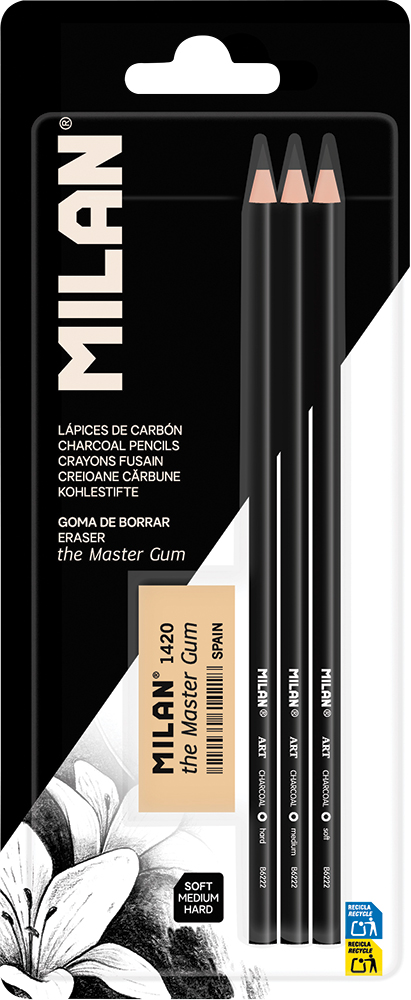 248859-EC Ugljen za crtanje u olovci MILAN 3kom + gumica The Master Gum bls P25