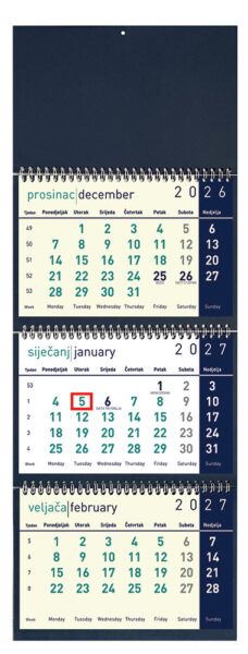 207546-EC Kalendar trodjelni DALI t.plavi 12L 25x56+15, 3 mj., 3 spirale, vrećica P40 2026