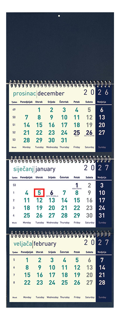 207546-EC Kalendar trodjelni DALI t.plavi 12L 25x56+15, 3 mj., 3 spirale, vrećica P40 2026