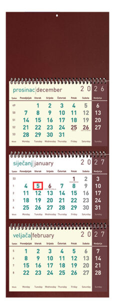 207547-EC Kalendar trodjelni DALI bordo 12L 25x56+15, 3 mj., 3 spirale, vrećica P40 2026