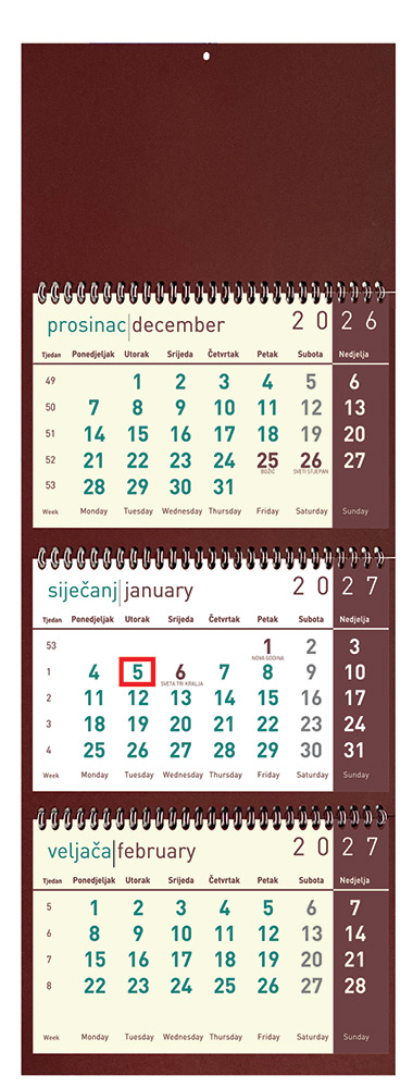 207547-EC Kalendar trodjelni DALI bordo 12L 25x56+15, 3 mj., 3 spirale, vrećica P40 2026