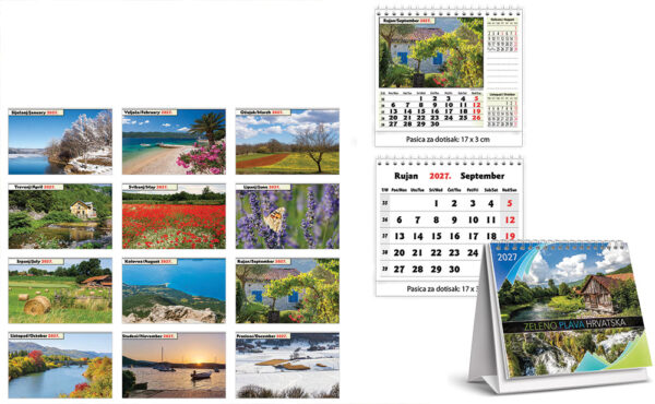 221360-EC Kalendar stolni ZELENO-PLAVA HRVATSKA 13L 17x14+3 spirala P100 JANP 2026