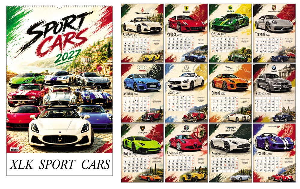228766-EC Kalendar SPORT CARS 13L 32x43+7 s vrećicom P20 XLK-TMR 2026
