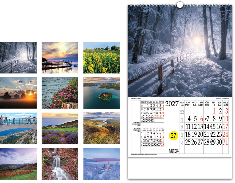 236505-EC Kalendar NATURA CROATICA 13L, 33x48+7 s rot.krugom, vrećica P25 NP 2027