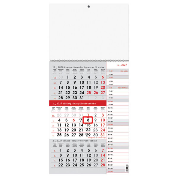 242419-EC Kalendar trodjelni planer 1-list crveni 12L 29,5x42+20, P50 OG** 2026
