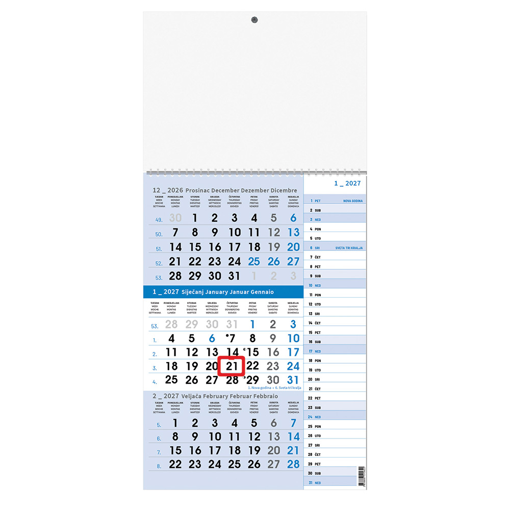 242420-EC Kalendar trodjelni planer 1-list plavi 12L 29,5x42+20, P50 OG** 2026